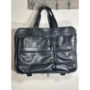 TUMI Leather Briefcase Laptop Roller Carry-on Bag Black 17x13x7